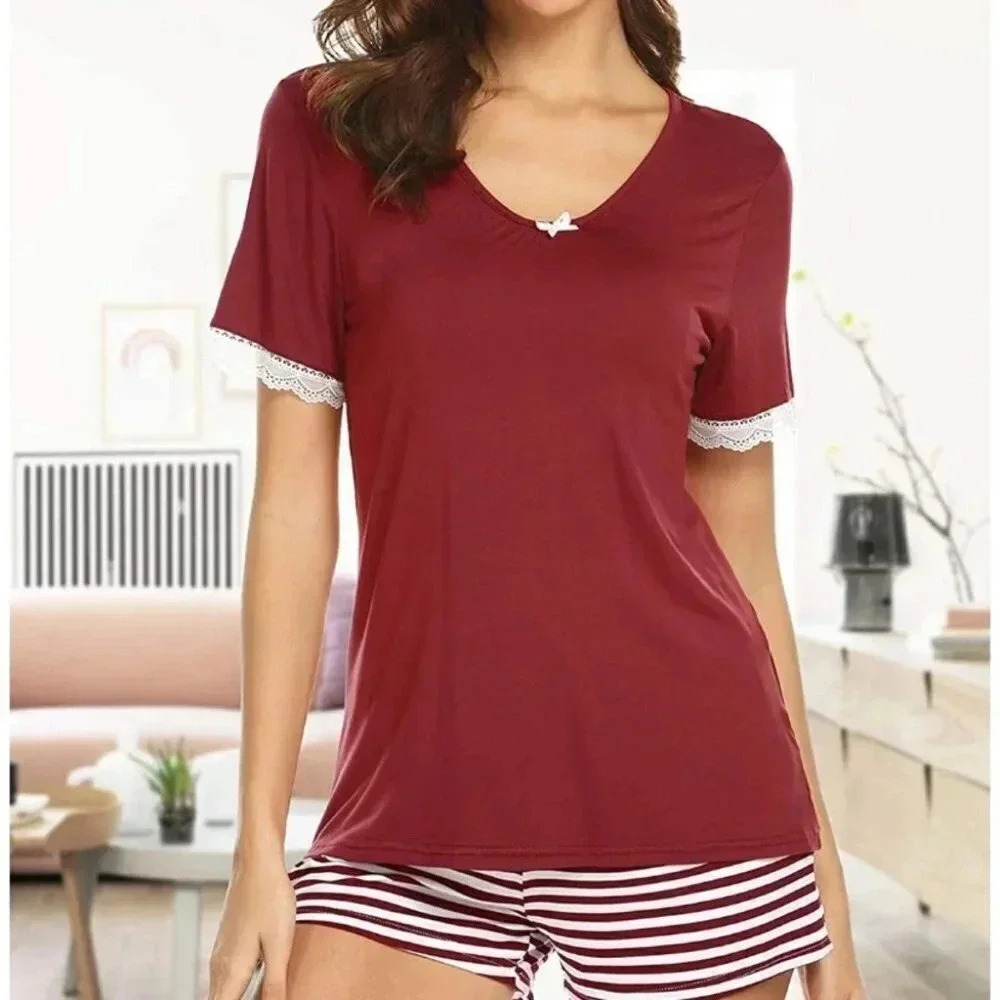 Womens Pajama Set Striped Short Sleeve Sleepwear